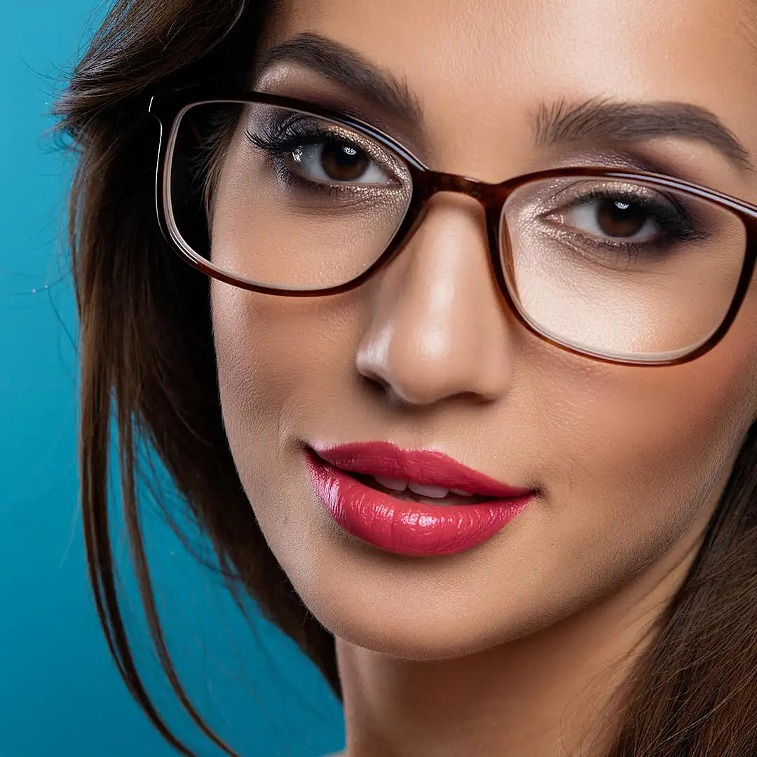 Guida alla scelta degli occhiali: donna con montatura rettangolare marrone, trucco curato e sfondo azzurro
