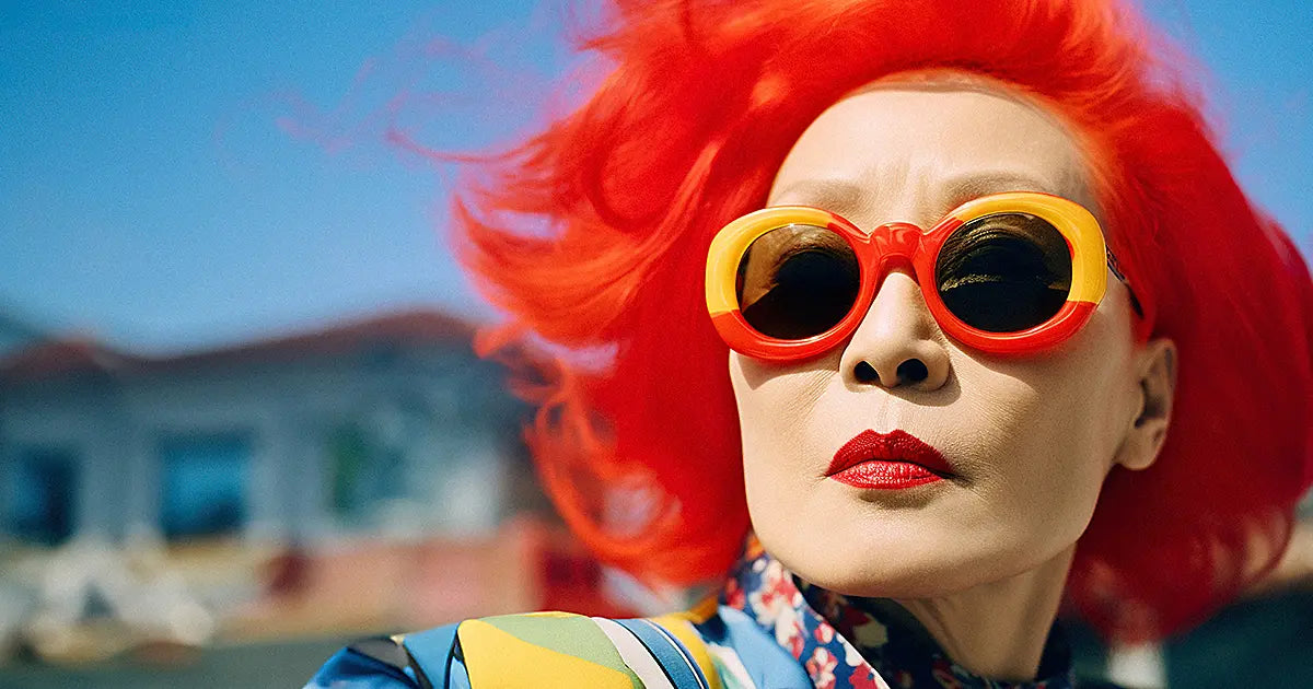 Occhiali oversize rossi e gialli indossati da donna dai capelli rossi sotto cielo azzurro